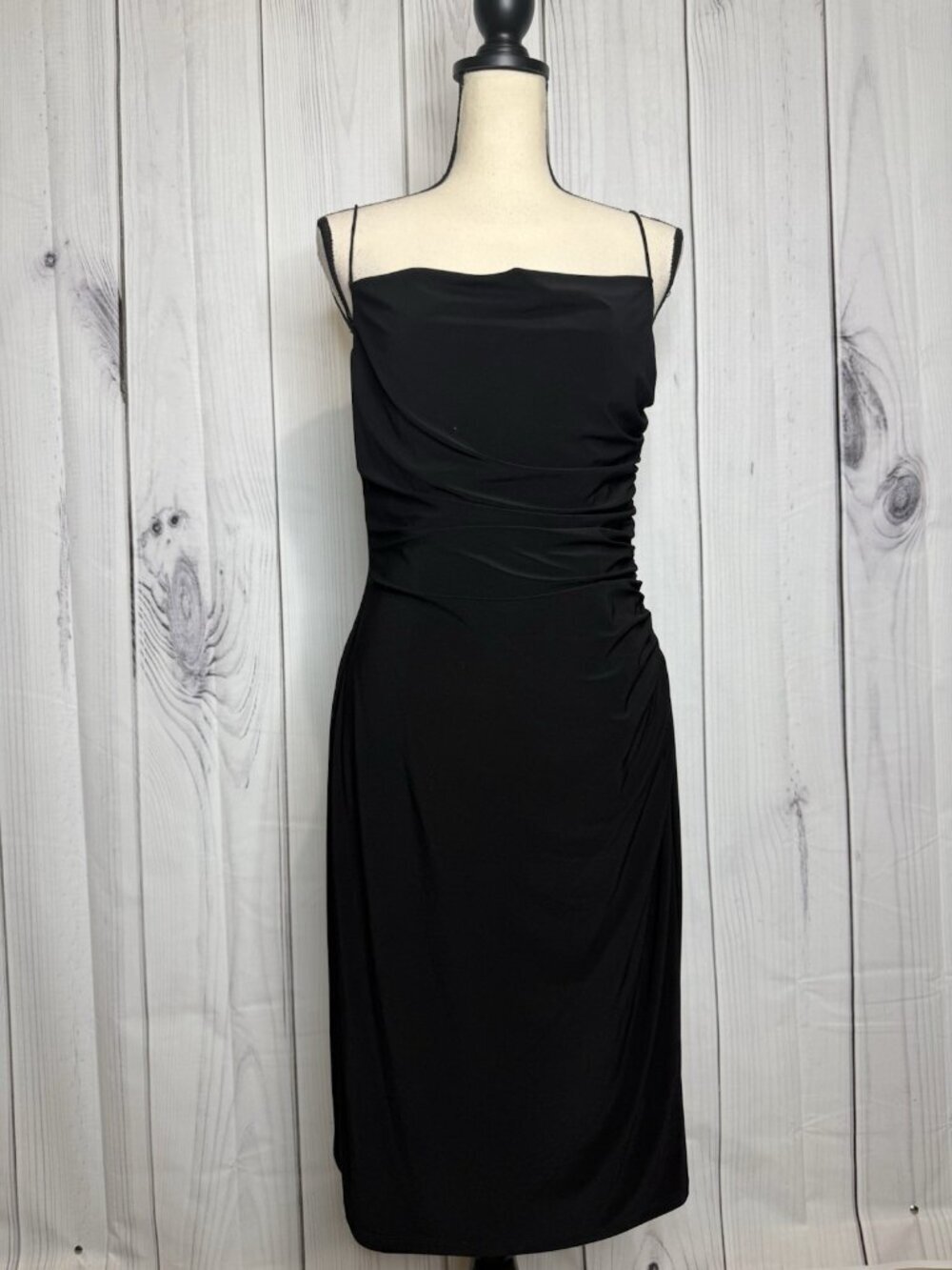 Lauren Ralph Lauren Black Slip Dress Sz 10 Jersey Spaghetti Strap Ruched Side